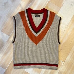 Simons V-Neck Sweater Vest in Cream, Orange, and Red